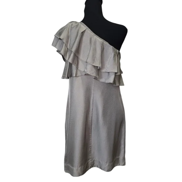 ⭐️Banana Republic One Shoulder Champagne  Ruffled Dress Sz 10 - Picture 3 of 10